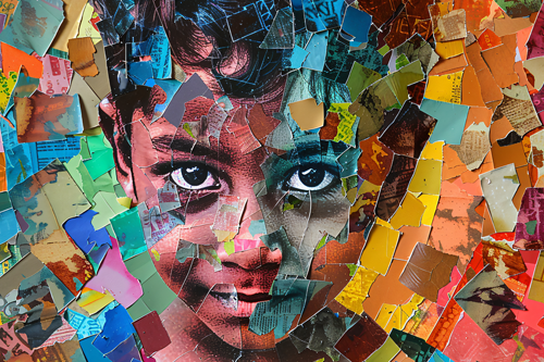 Multi-coloured image paper mosaic of a young person